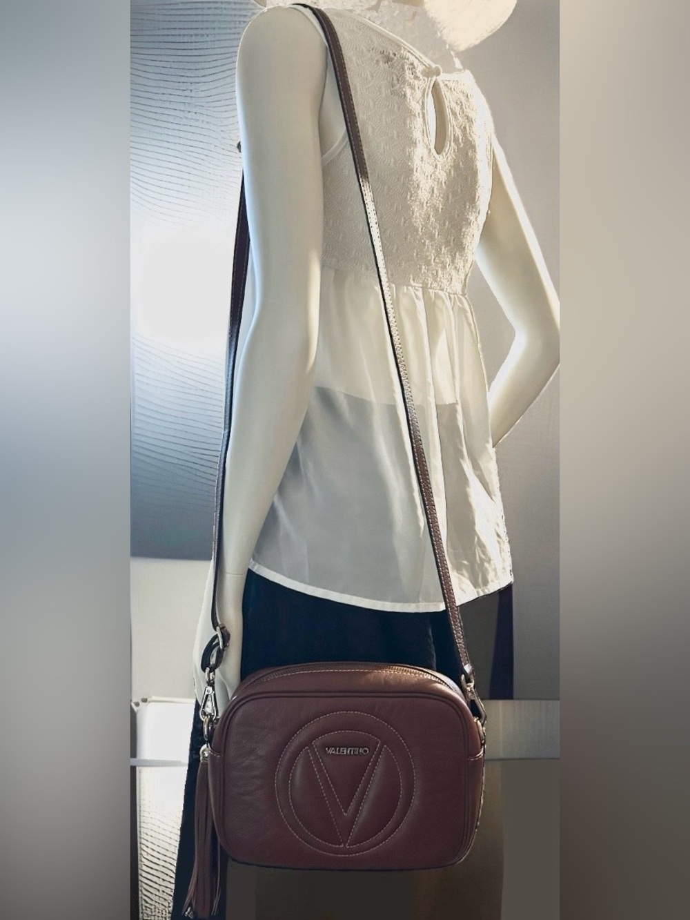 Mario Valentino Cognac Leather Quilted V Crossbody Bag with Fringe Tassel - Picture 3 of 14